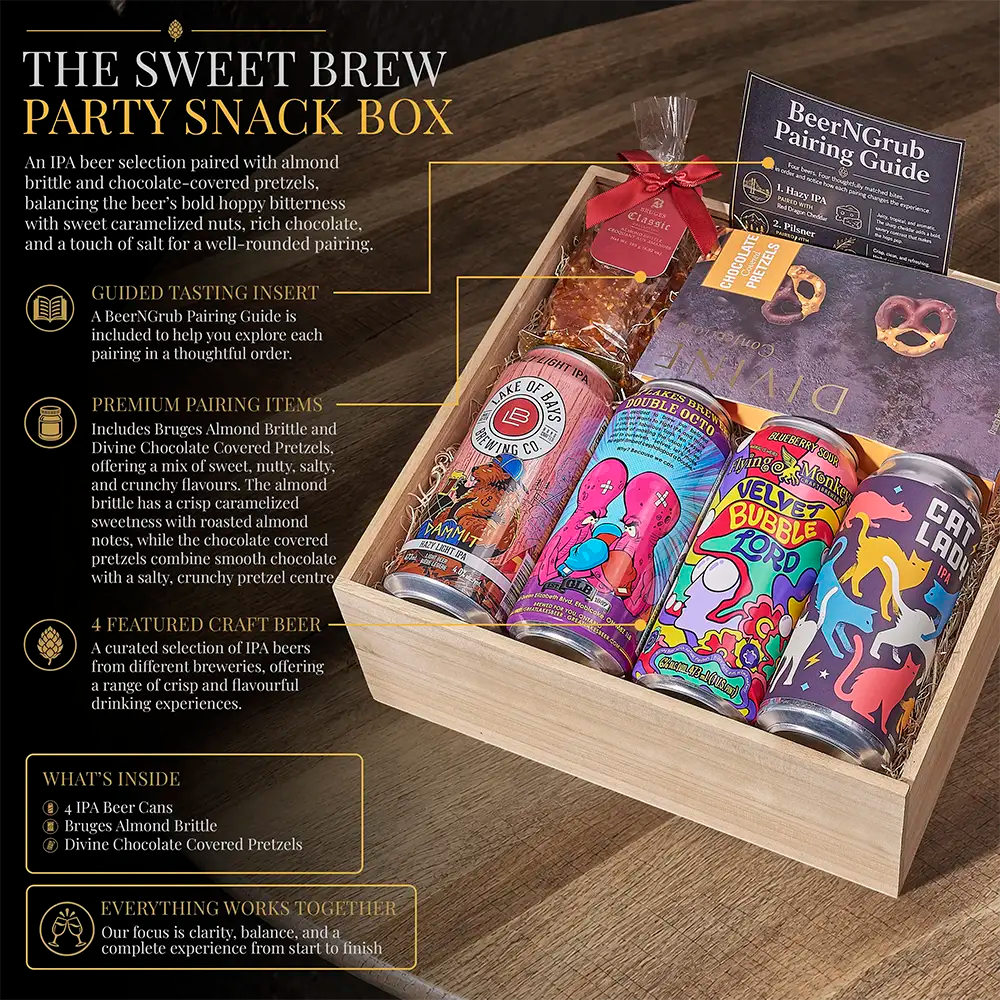 Curated IPA Beer Selection with Gourmet Chocolate and Almond Brittle Gift Basket