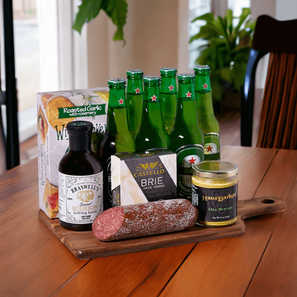 Premium Beer Basket Featuring Roasted Garlic Crackers and Dill Mustard