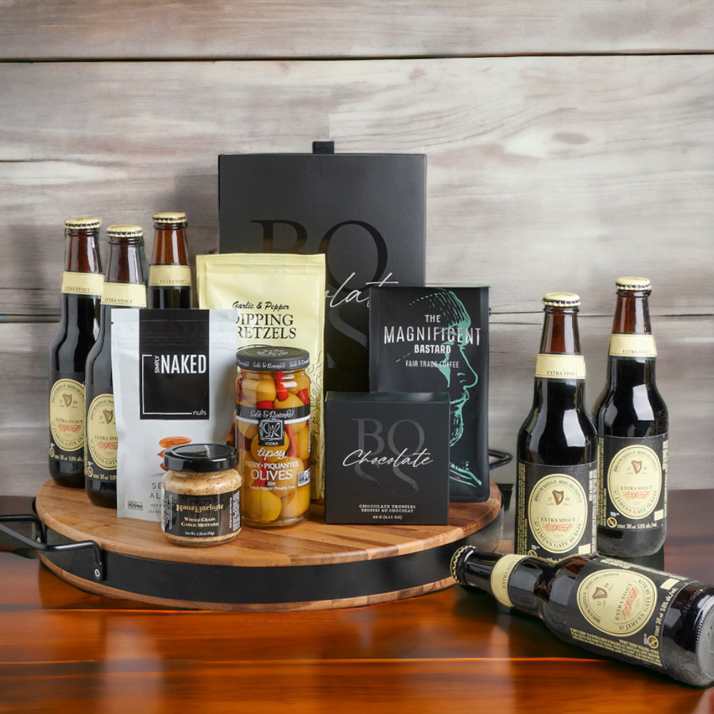 6 Unique Guinness Beers with Gourmet Snacks on Round Wood Board